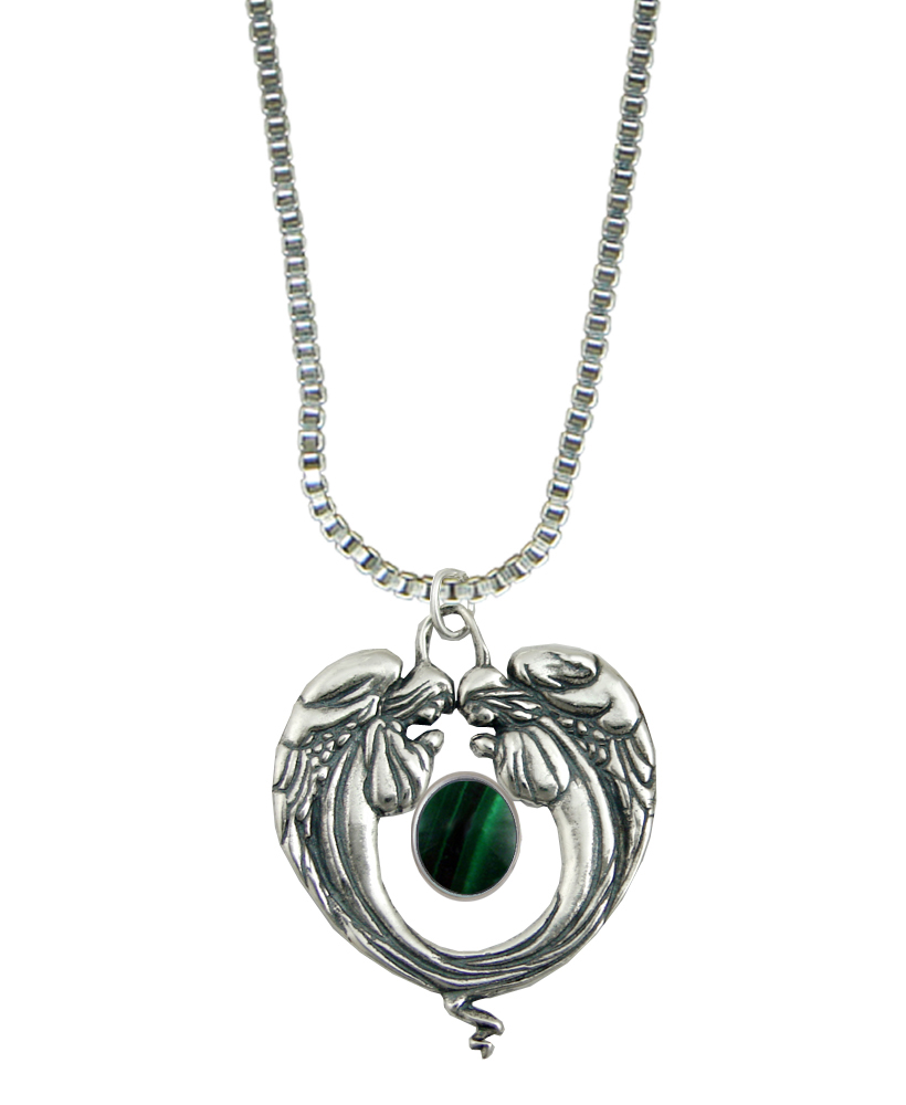 Sterling Silver Praying Angels Pendant With Malachite